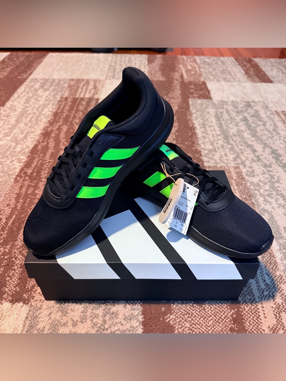 adidas Men's Lite Racer 4.0 Black Running Shoes with Neon Green Stripes